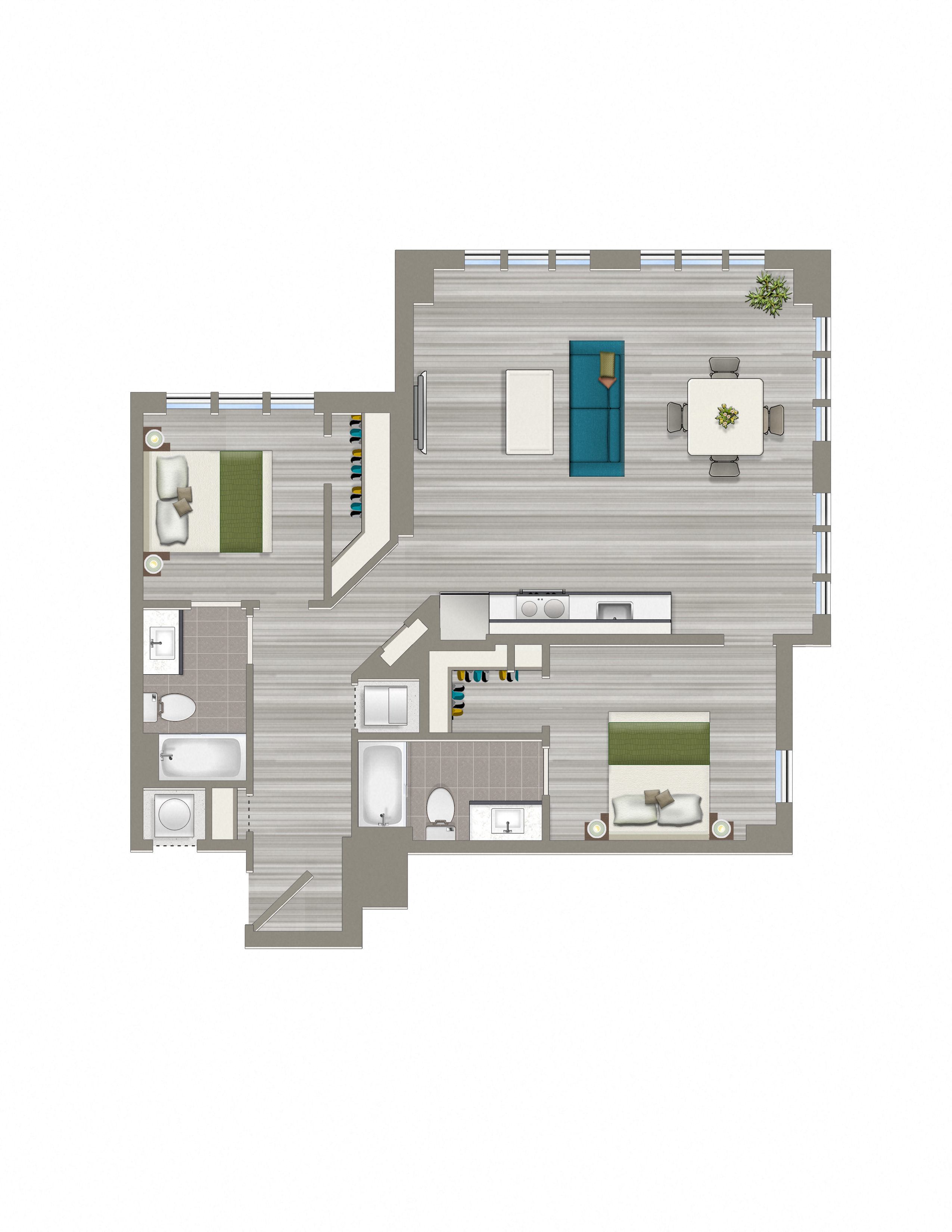 Floor plan for 2 beds, 2 baths, 1110 sqft